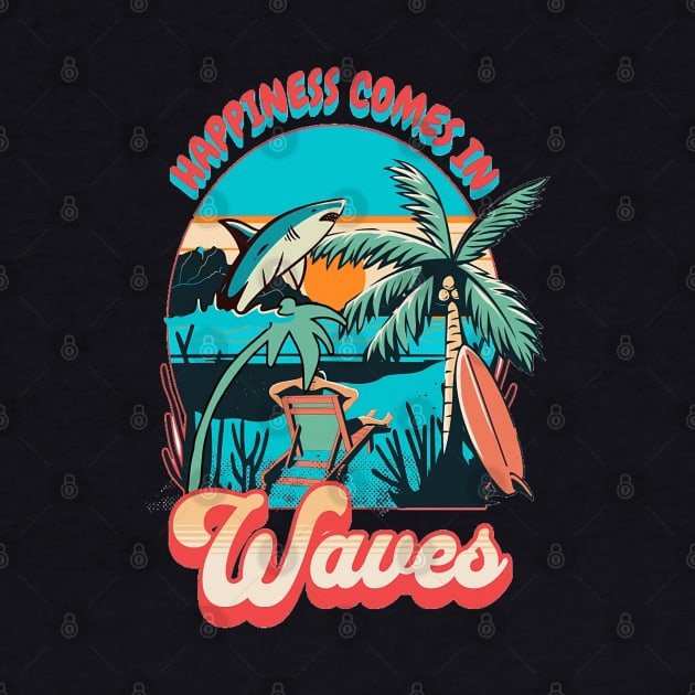 Happiness Comes In Waves, Hello Summer Vintage Funny Surfer Riding Surf Surfing Lover Gifts by Customo